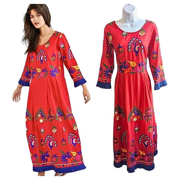 NWT MOMO New York Neli Red Peacock Embroidered Kaftan Dress 100% Cotton Size S - Picture 1 of 8